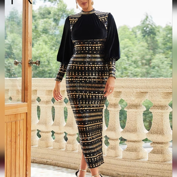 Dresses & Skirts - Vintage Black Velvet Bishop Sleeve Sequins Bodycon Ankle Length Dress
